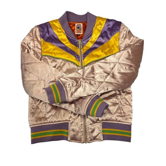 Classic Rock Couture Satin Bomber Jacket Size Small Gold Purple Yellow Retro 70s - Picture 2 of 11